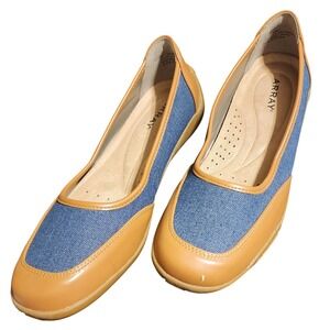 Array Womens Tan Blue Denim Mixed Comfort Loafers Flats 8N - READ